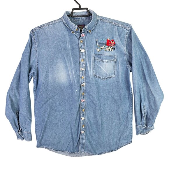 Mens Faded Glory Blue Denim Shirt Button Up Farm-Themed Embroidery Size LT - Picture 1 of 9